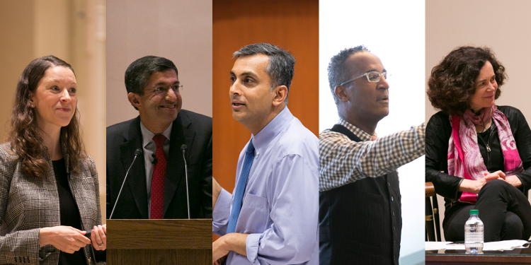 A compilation of photos from HBX ConneXt, featuring Meghan Joyce, Professor Bharat Anand, Professor Mihir Desai, Mark Hardie, and Professor Rebecca Henderson