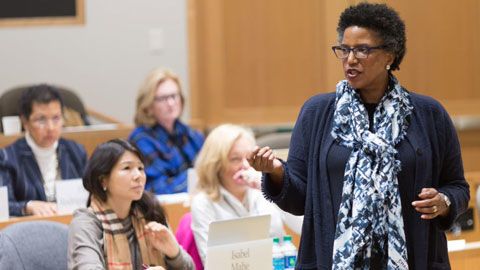 Harvard Business School professor Linda Hill lectures inside classroom