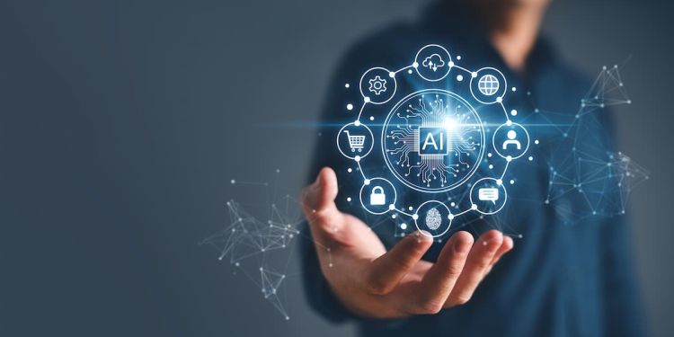 Businessperson with AI icons floating above their outstretched hand