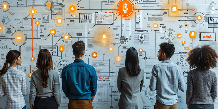 Business professionals standing in front of a whiteboard with mocked-up business plans.