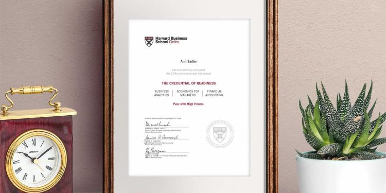 HBS Online Credential of Readiness (CORe) framed on desk