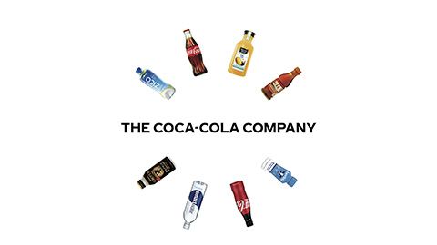 he Coca-Cola Company logo surrounded by 8 beverage product bottles