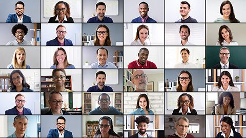 36 video conference squares showing diverse executives