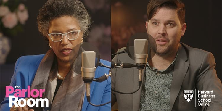 HBS Professor Linda Hill with HBS Online Senior Creative Director Chris Linnane on The Parlor Room podcast