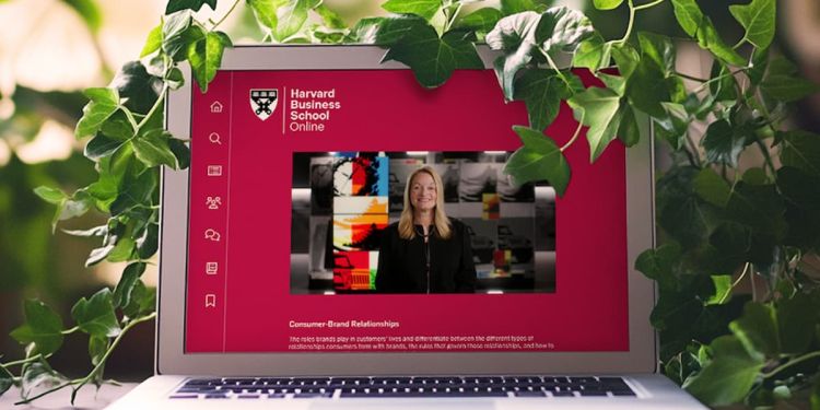 Laptop with Harvard Business School Online course open on it, surrounded by ivy