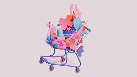 Tou pastel grocery cart with healthcare symbols inside