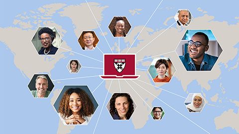 laptop with connections out to a diverse group of faculty and executives