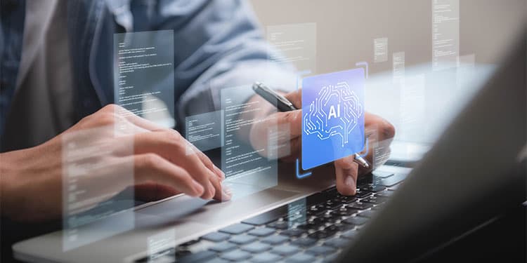 Professional using AI on laptop computer with AI-related icons floating above the screen