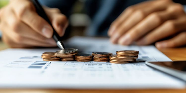 Person writing out and budgeting a financial statement with coins on the table