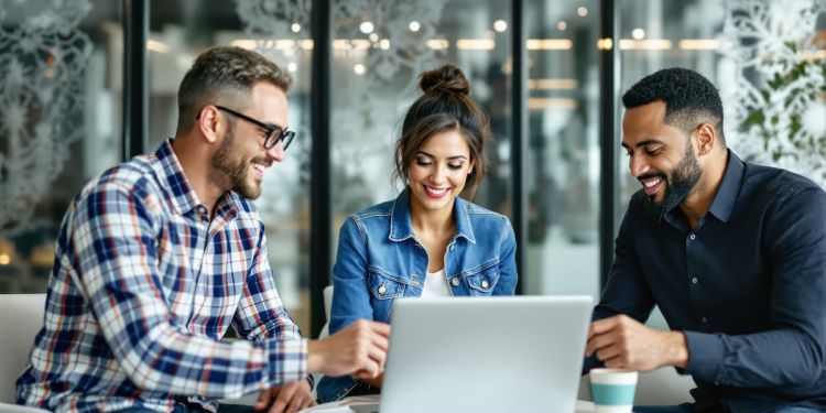 A group of three working individuals collaborating on a project together in an office setting.