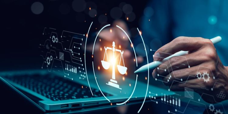 A digitally-themed photo where a person is holding a pen and pointing at a digital scale icon popping off of a screen.