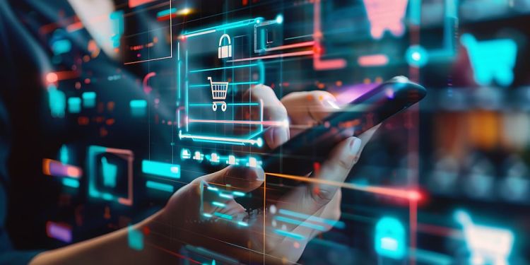 A customer using a mobile device with a shopping cart icon and other technological imagery floating around it