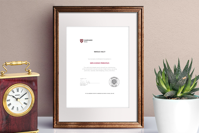 Data Science Principles Certificate of Completion from HBS Online