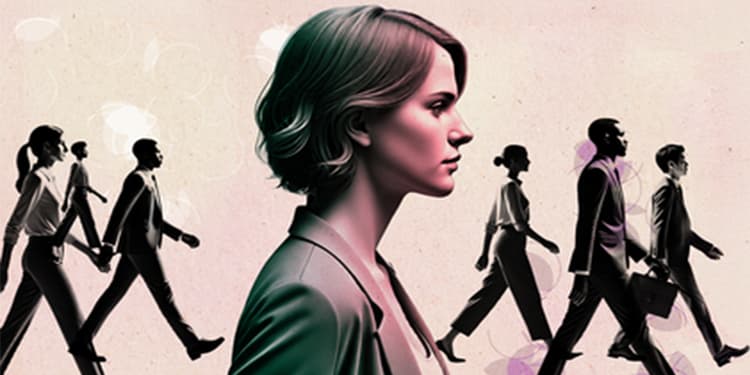 Woman walking down the road ahead of other professionals.