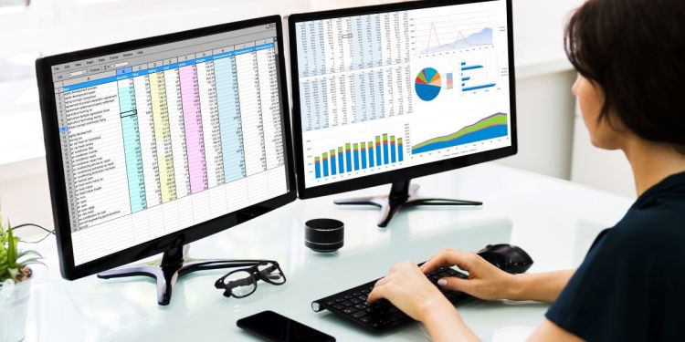 Business professional examining dataset on computer monitors