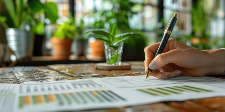 Person writing out a financial form with a pen in their hand. Green plants are in the background.