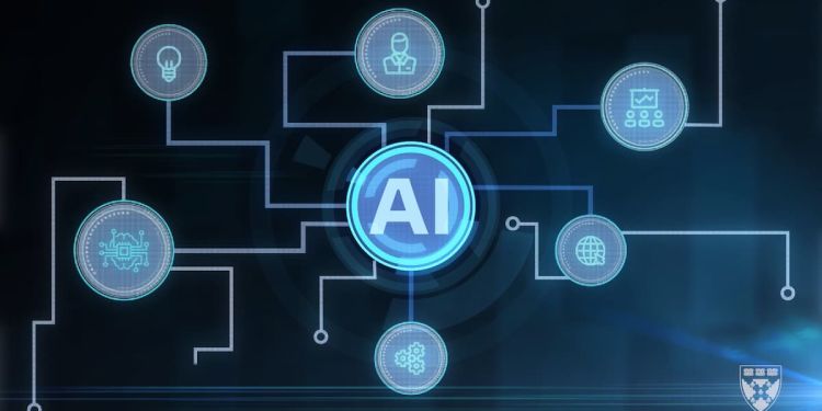 A digital graphic with "AI" in the center and interconnected icons around it