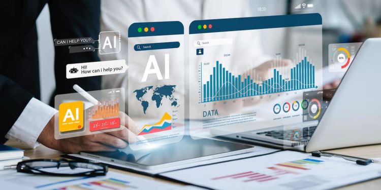 Two business professionals using laptops and tablets with AI and data iconography floating above the devices