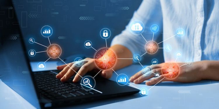 Business professional using a laptop with AI and lock, bar, graph and gear icons floating above it