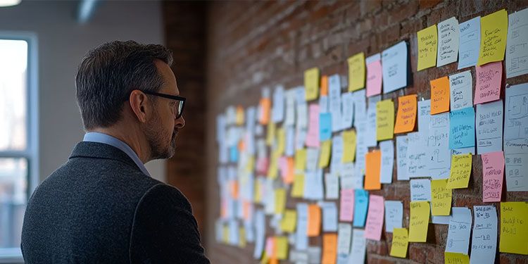 Marketer mapping out the buying journey with sticky notes.