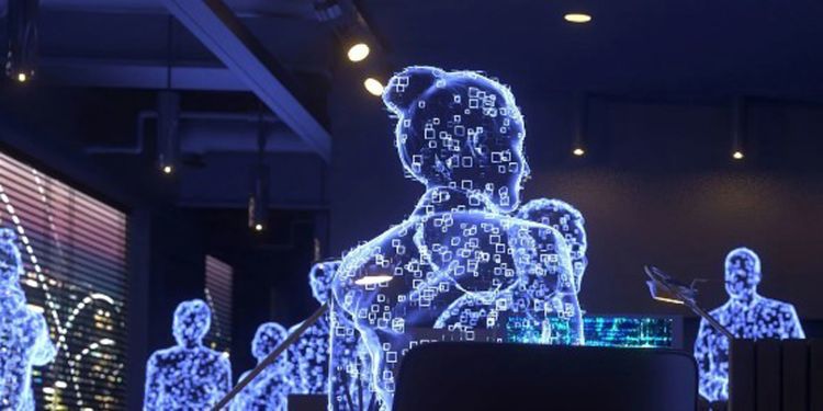 Artificial intelligence robots work inside a blue room with a large screen and computers.