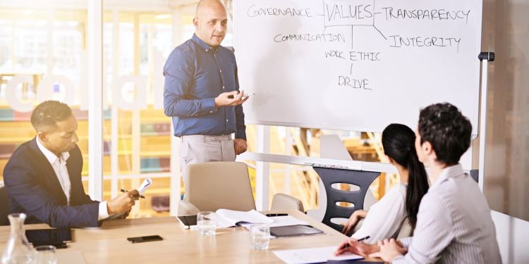 A business team at a conference table reviewing core values on a white board